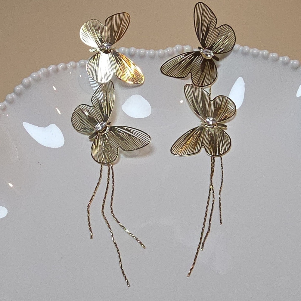 New ZARA Gold Butterfly Dangle Statement Earrings Cocktail Evening Wedding Nwot